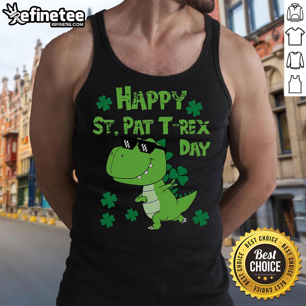 Happy St. Pat Rex dinosaur in a festive tank top for Saint Patrick's Day celebration.