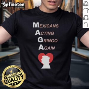 Hot Mexicans Acting Gringo Again MAGA Trump Heart T-Shirt design featuring vibrant colors and a playful graphic.