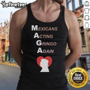 Hot Mexicans wearing 'Gringo Again' MAGA Trump heart tank tops at a lively outdoor event, showcasing vibrant culture.
