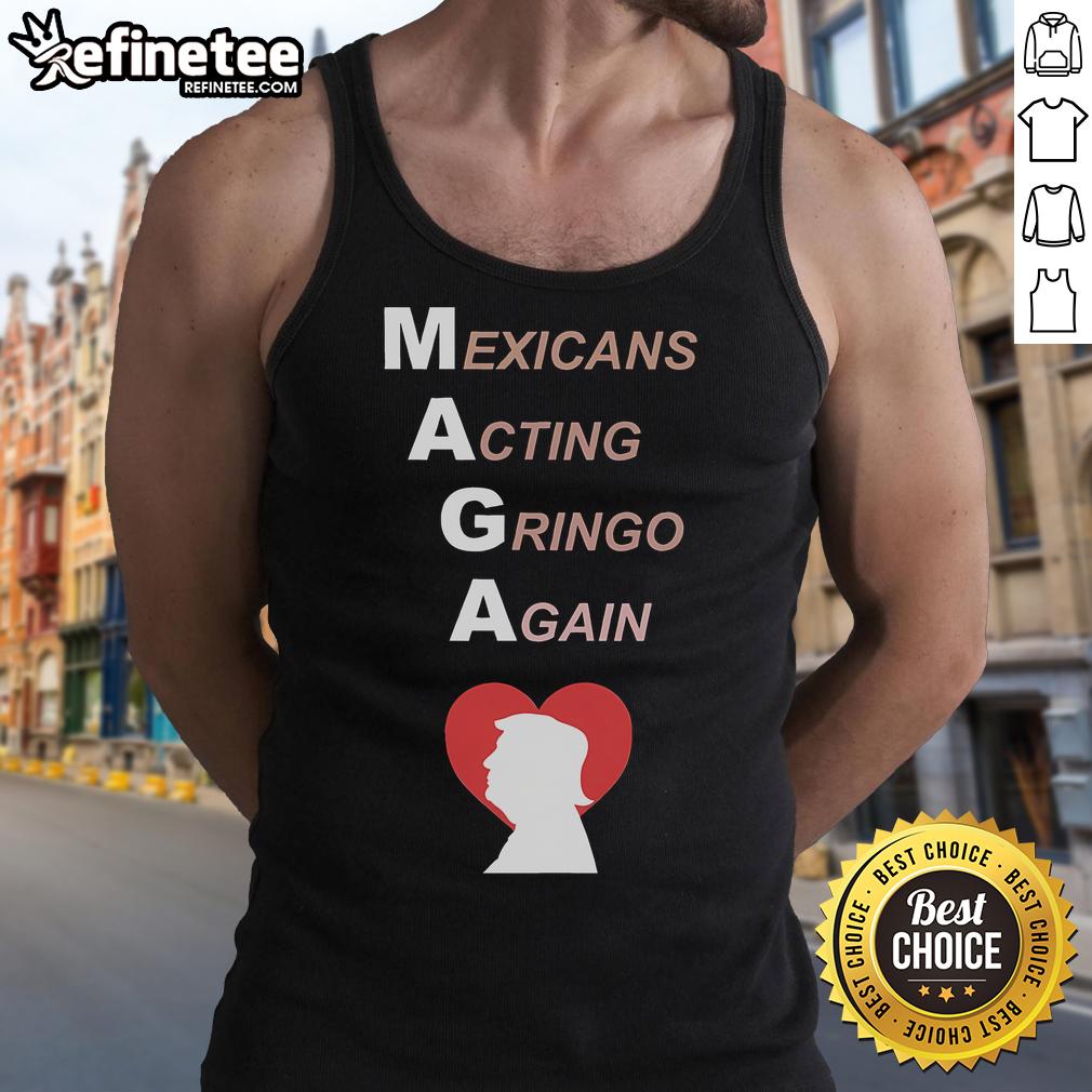 Hot Mexicans wearing 'Gringo Again' MAGA Trump heart tank tops at a lively outdoor event, showcasing vibrant culture.