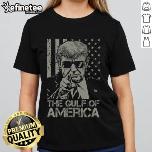 Retro Donald Trump USA flag ladies tee shirt design celebrating the Gulf of America with a vibrant, stylish look.