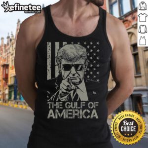 Retro Donald Trump USA flag tank top with 'Hot Welcome to the Gulf of America' design, perfect for patriotic summer wear.