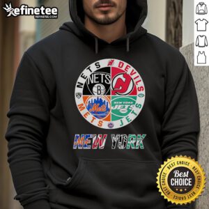 Stylish hoodie featuring Brooklyn Nets, New York Mets, New York Jets, and New Jersey Devils logos for sports fans.