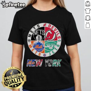 Stylish ladies tee featuring Brooklyn Nets, New York Mets, New York Jets, and New Jersey Devils logos.