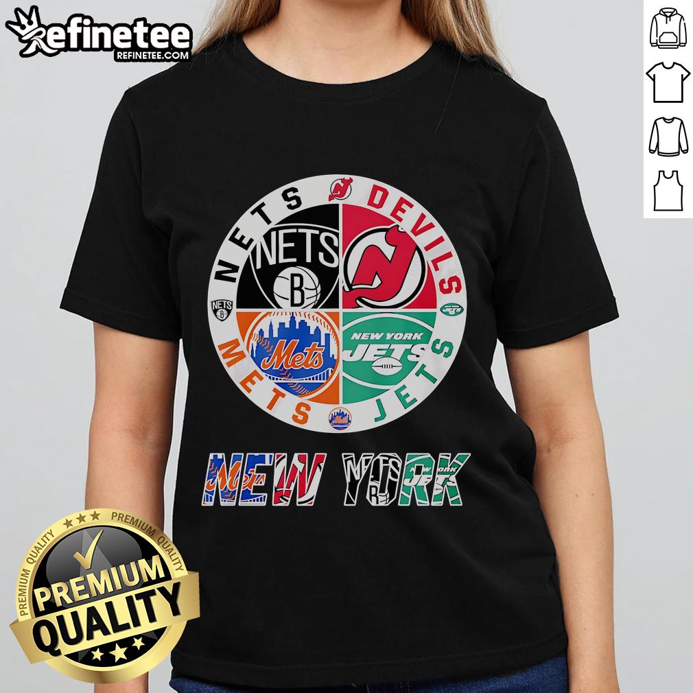 Stylish ladies tee featuring Brooklyn Nets, New York Mets, New York Jets, and New Jersey Devils logos.