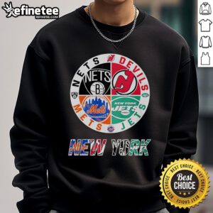 Stylish Nice Brooklyn Nets x New York Mets x New York Jets x New Jersey Devils sweatshirt in black with team logos.