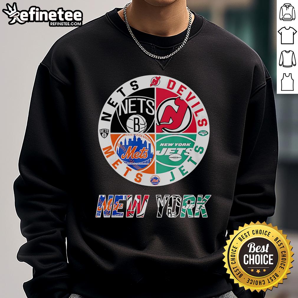 Stylish Nice Brooklyn Nets x New York Mets x New York Jets x New Jersey Devils sweatshirt in black with team logos.