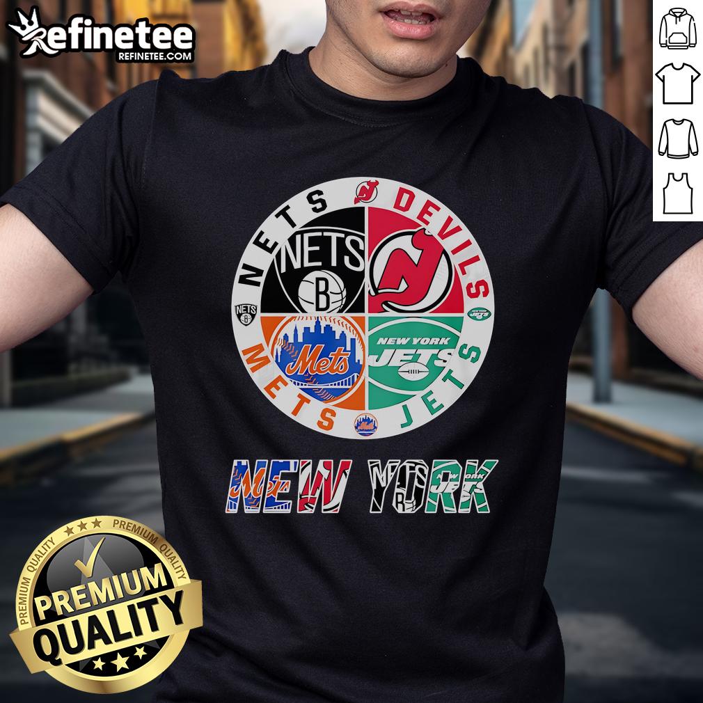 Brooklyn Nets X New York Mets X New York Jets X New Jersey Devils T-Shirt featuring team logos and vibrant colors.
