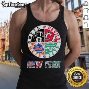 Stylish tank top featuring Brooklyn Nets, New York Mets, New York Jets, and New Jersey Devils logos for sports fans.
