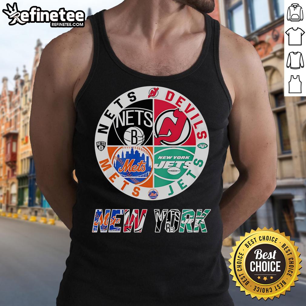 Stylish tank top featuring Brooklyn Nets, New York Mets, New York Jets, and New Jersey Devils logos for sports fans.
