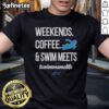 Swimmer mom wearing a 'Nice Coffee And Swim Meets Swim Mama Life' t-shirt, enjoying a sunny day by the pool.