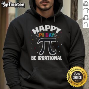 Cute math teacher wearing a 'Happy Pi Day 3.14 Be Irrational' hoodie, celebrating Pi Day with joy and style.