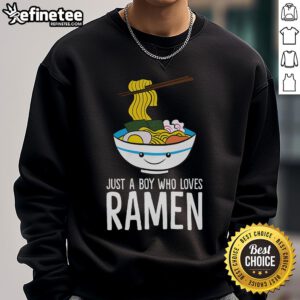 Alt Text: Cute boy wearing a 'Just A Boy Who Loves Ramen' sweatshirt, enjoying a bowl of ramen noodles.