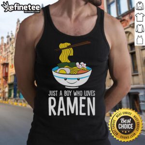 Boy wearing a 'Just A Boy Who Loves Ramen' tank top, showcasing a fun and playful ramen-themed fashion style.