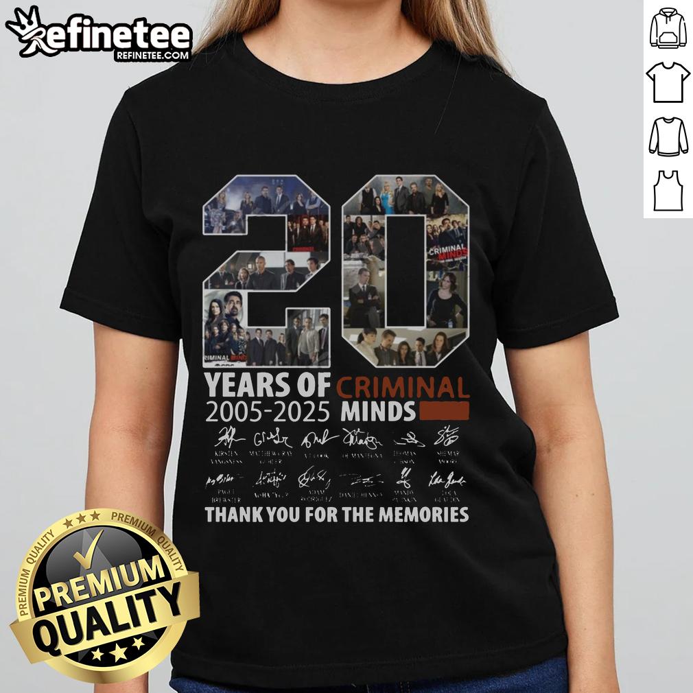 Official Criminal Minds 20 Years Tee 2005-2025, celebrating memories with stylish ladies' design for fans of the show.