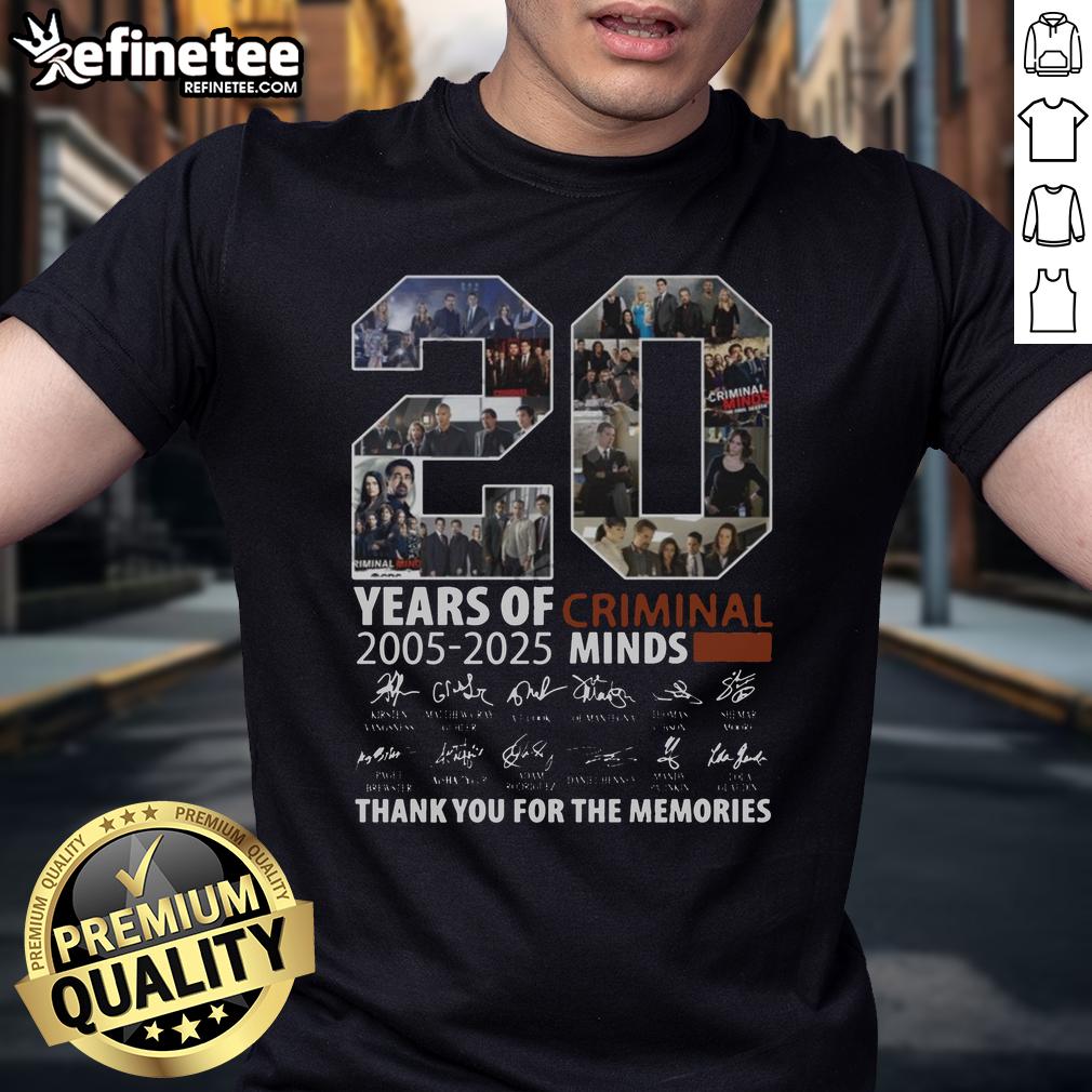 Alt Text: Official Criminal Minds 20 Years T-Shirt 2005-2025 celebrating the show's legacy and memories with a stylish design.