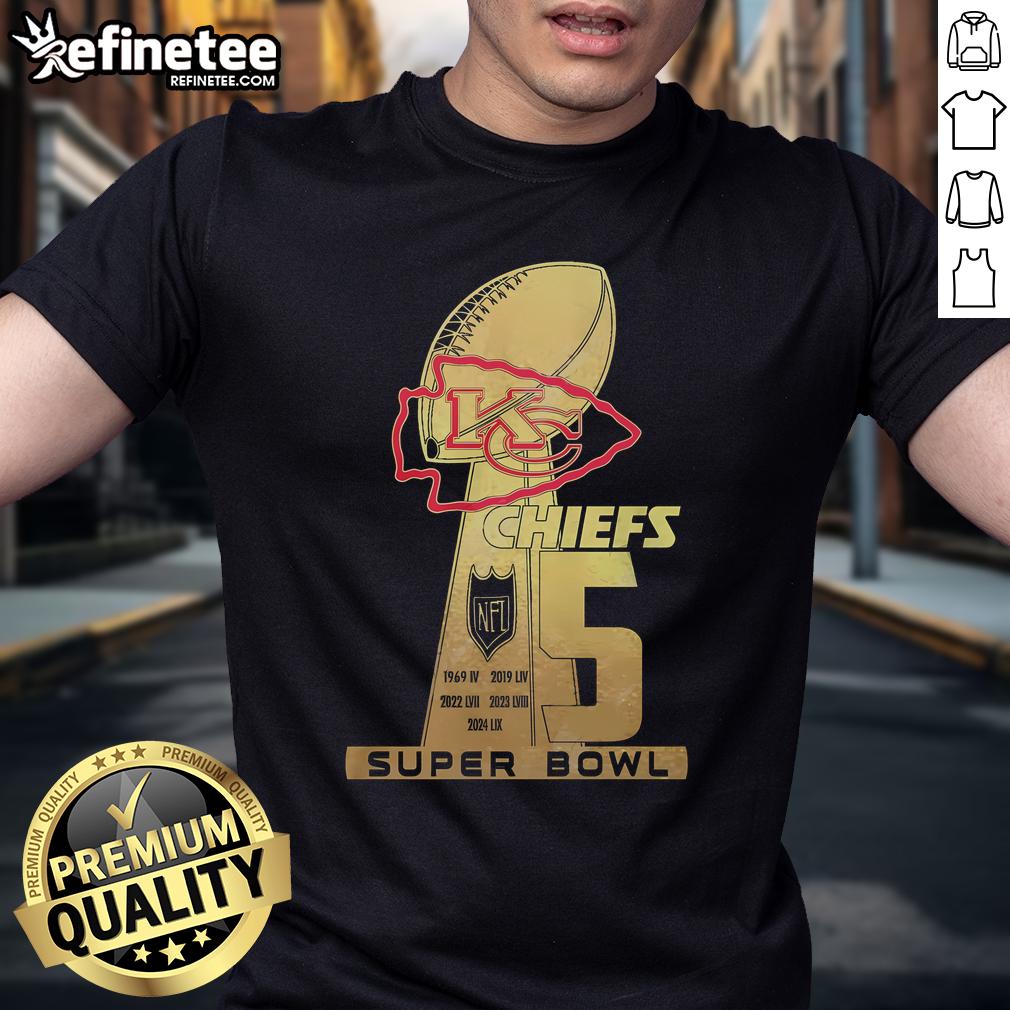 Premium Kansas City Chiefs 5 Super Bowl T-Shirt featuring team logo and championship design, perfect for fans.