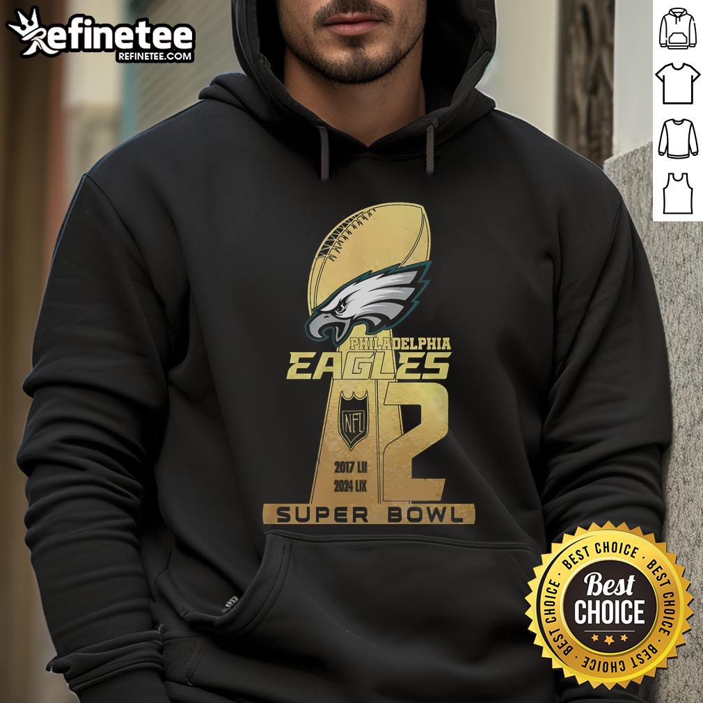 Premium Philadelphia Eagles 2 Super Bowl hoodie featuring team colors and logo, perfect for fans celebrating the victories.