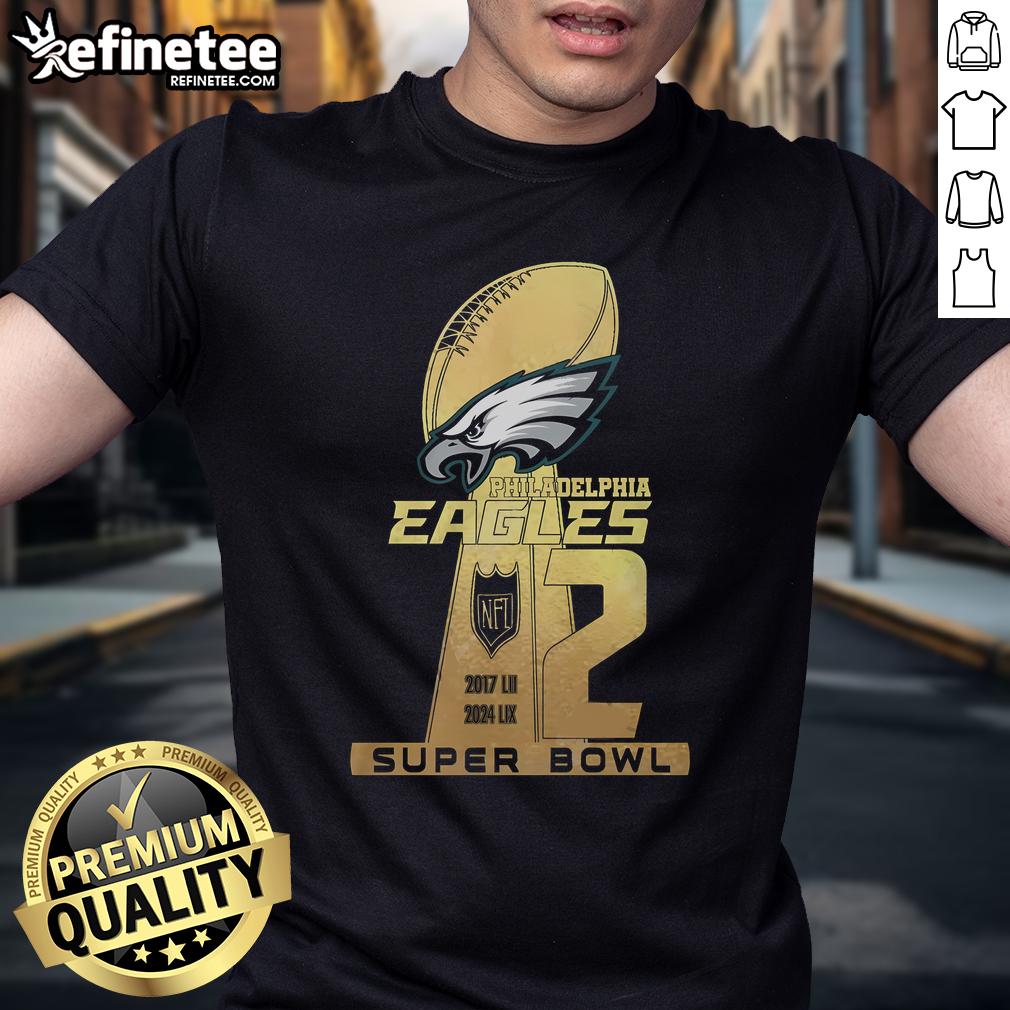 Alt Text: Premium Philadelphia Eagles 2 Super Bowl T-Shirt featuring vibrant team colors and bold graphics celebrating the championships.