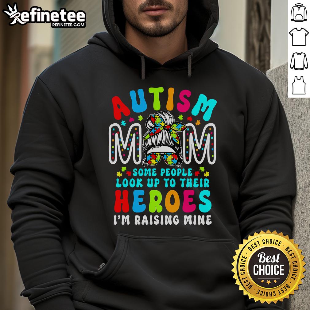 Top Autism Mom Raising Hero in a Groovy Messy Bun wearing an Autism Awareness Hoodie, showcasing pride and love.