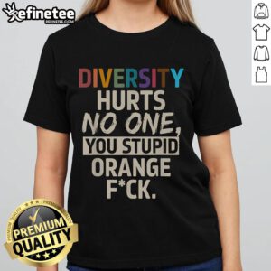 Alt Text: Top Diversity Hurts No One You Stupid Orange Ladies Tee - vibrant orange shirt with bold text promoting inclusivity.