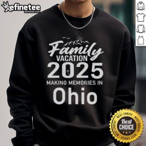 Family wearing 'Awesome Family Vacation 2025' sweatshirts, enjoying fun moments in Ohio, capturing joyful memories together.