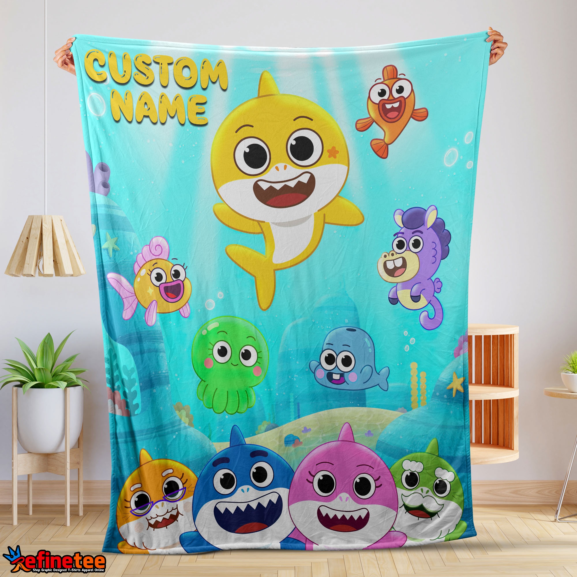 Baby Shark & Friends Poster Yellow Text Blanket Fleece Customized Blanket