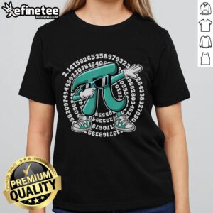 Funny Pi symbol dabbing math teacher on a Pi Day ladies tee, perfect for celebrating math humor and Pi Day festivities.