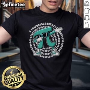 Alt Text: Funny Pi Symbol dabbing math teacher wearing Pi Day T-shirt, celebrating math humor and Pi Day spirit.