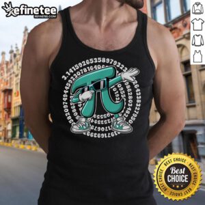 Funny Pi symbol dabbing math teacher wearing a Pi Day tank top, celebrating math humor and Pi Day festivities.