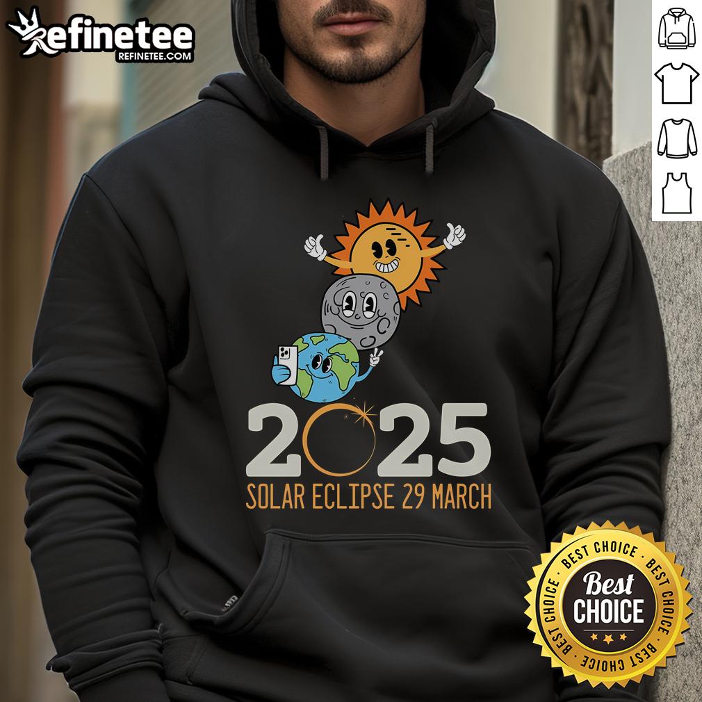 Funny Solar Eclipse 2025 hoodie design featuring a whimsical graphic of a partial eclipse on March 29.
