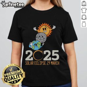 Funny Solar Eclipse 2025 partial eclipse graphic on a ladies tee, perfect for eclipse viewing on March 29, 2025.