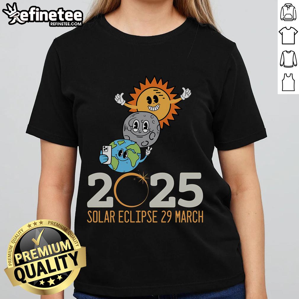 Funny Solar Eclipse 2025 partial eclipse graphic on a ladies tee, perfect for eclipse viewing on March 29, 2025.