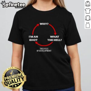 Alt Text: Funny cycle of development tee for ladies, featuring humorous text 'Why Wth I'm an Idiot' in vibrant colors.
