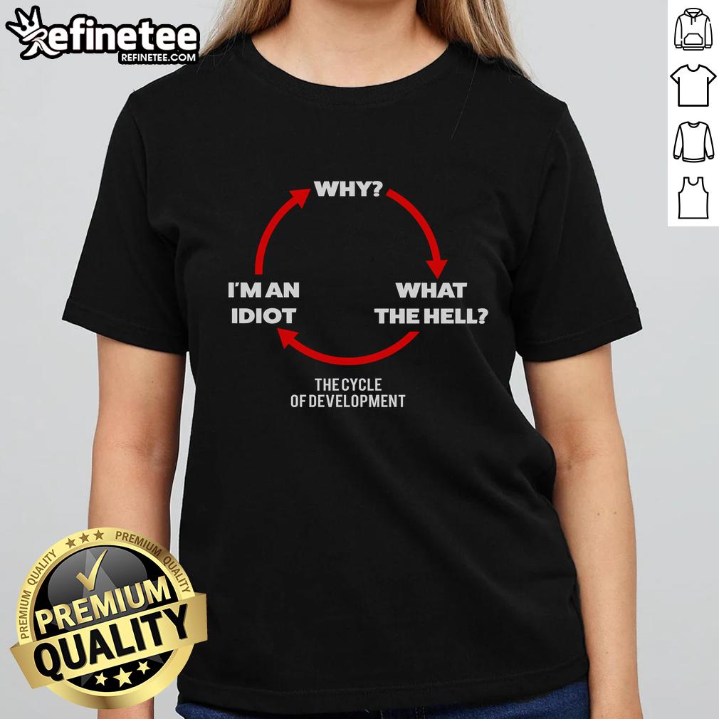 Alt Text: Funny cycle of development tee for ladies, featuring humorous text 'Why Wth I'm an Idiot' in vibrant colors.