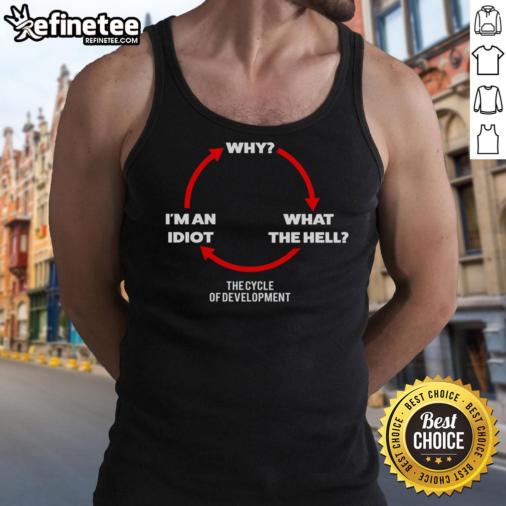 Funny tank top design featuring 'The Cycle of Development: Why Am I an Idiot?' perfect for humor lovers.