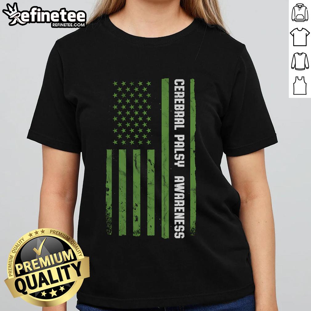 Good Cerebral Palsy Awareness American Flag Ladies Tee featuring patriotic design promoting inclusivity and support.