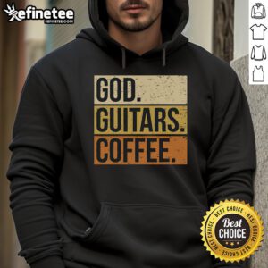 Smiling guitarist in a cozy hoodie, sipping coffee while playing a guitar, embodying the Good God Guitar vibe.
