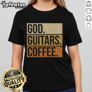 Good God Guitar coffee tee featuring a guitarist, perfect for music lovers and coffee enthusiasts.