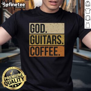 Alt Text: Good God Guitar Coffee T-Shirt featuring a guitarist, perfect for music lovers and guitar enthusiasts.