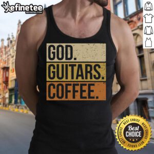 Good God Guitar Coffee: Guitarist in tank top enjoying coffee while playing guitar, showcasing passion for music.