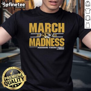 Alt Text: Good Missouri Tigers 2025 March Madness D1 Men's Basketball T-Shirt featuring team colors and logo.