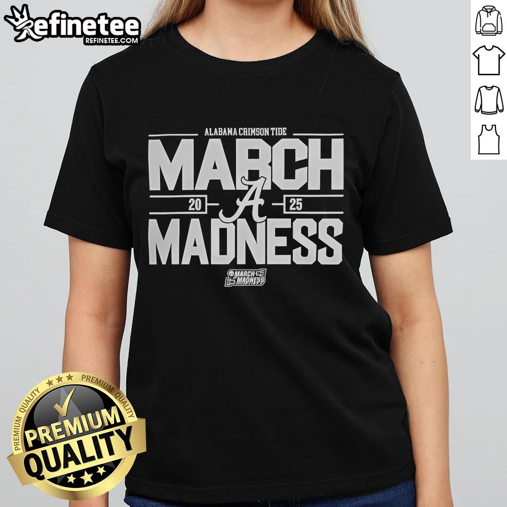 2025 Alabama Crimson Tide March Madness ladies tee featuring team logo and colors for NCAA men's basketball fans.