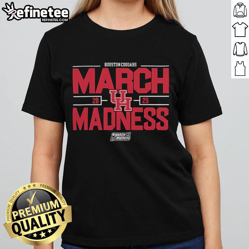 Good NCAA Men's Basketball 2025 Houston Cougars March Madness ladies tee featuring team colors and logo.