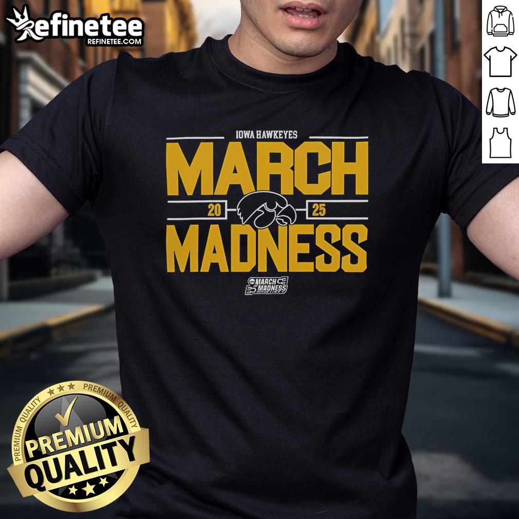 Alt Text: 2025 Iowa Hawkeyes March Madness T-Shirt for NCAA Men's Basketball fans, featuring team colors and logo.