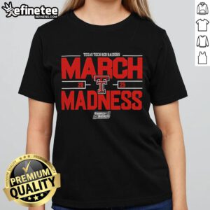 Texas Tech Red Raiders March Madness ladies tee for 2025 NCAA Men's Basketball, featuring team colors and logo.