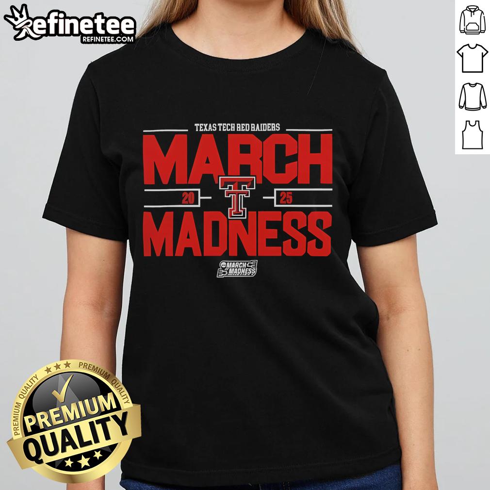 Texas Tech Red Raiders March Madness ladies tee for 2025 NCAA Men's Basketball, featuring team colors and logo.