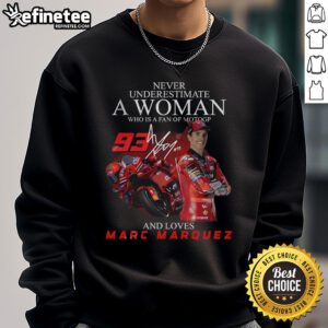 Limited edition sweatshirt featuring 'Never Underestimate a Woman' for MotoGP fans, celebrating Marc Marquez.