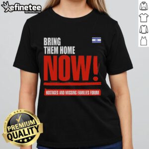 Women wearing 'Bring Them Home Now' tees at a forum for hostages and missing families, with the Israel flag in the background.