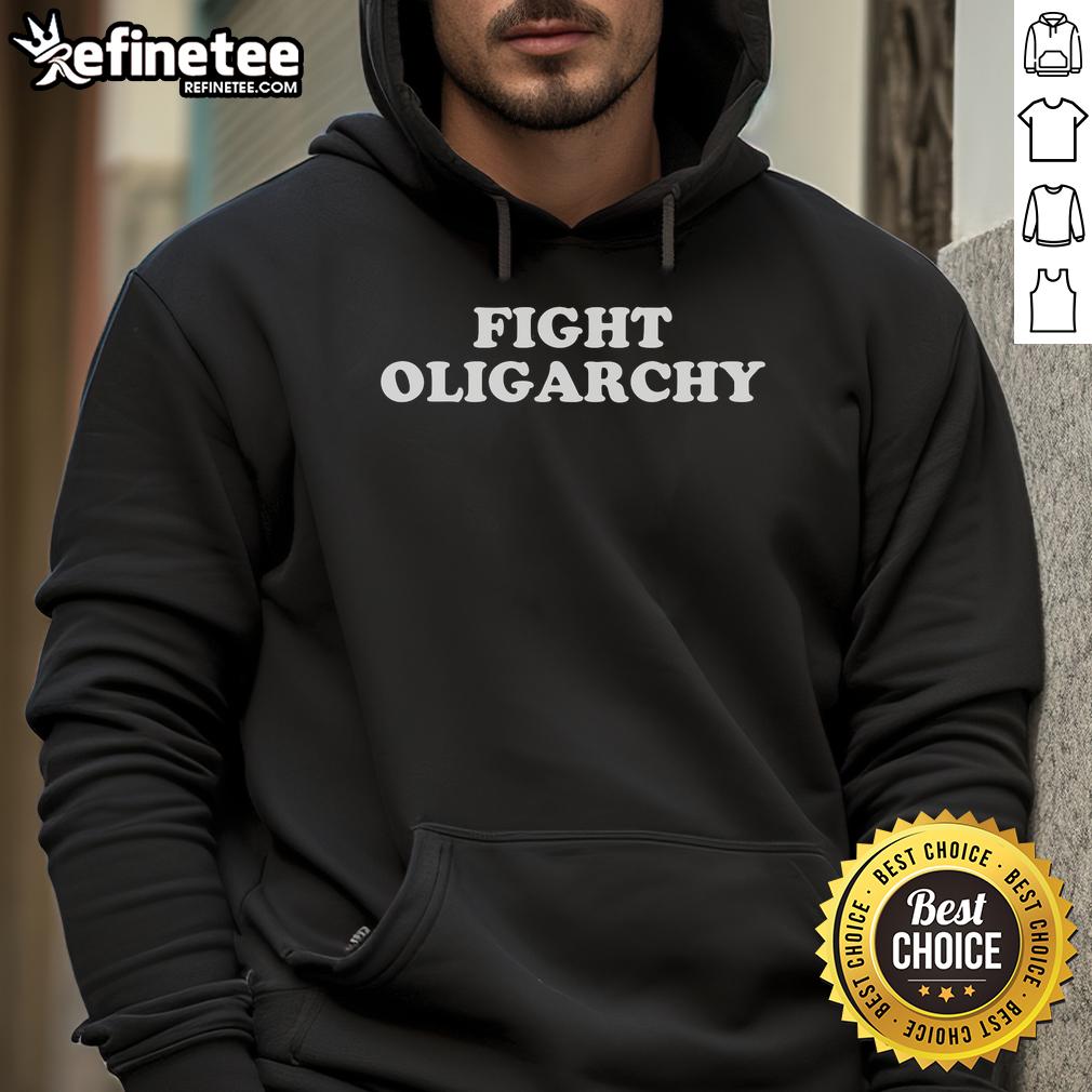 Activist wearing a 'Hot Fight Oligarchy' hoodie, standing boldly against corporate greed in a dynamic protest scene.